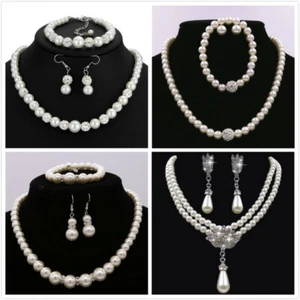 FAUX PEARL NECKLACE EARRING BRACELET SET WEDDING BRIDAL JEWELLERY - Picture 1 of 20