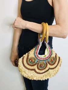  Wheat Wooden Beaded Multicoloured Handbag Ethnic Boho NWT - Picture 1 of 11