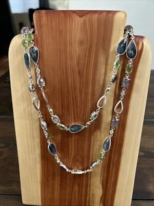 Anne Klein Long Single Strand Necklace Silver Ton   Blue Green Purple Rhinestone - Picture 1 of 1