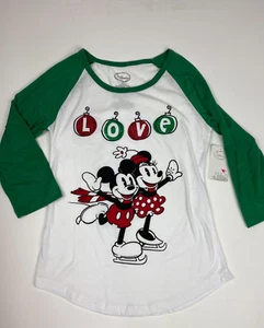 Disney Mickey + Minnie Love Holiday Raglan Style Shirt NWT Juniors L - Picture 1 of 7
