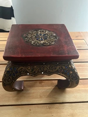 Footstool Handmade Carved Wood With Gem Stones Vintage Vanity Stool Moroccan - Image 1 of 4