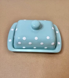 Aqua Blue with White Polka Dot Large Covered Ceramic Butter Dish Knobbed Handle - Picture 1 of 7