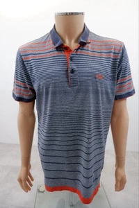 Hugo Boss Mens Collared Polo Top Size 2XL Short Sleeve Navy Orange Striped - Picture 1 of 11