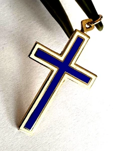 14K massiver Gelbgold blau & weiß Emaille religiös Kreuz Anhänger - Bild 1 von 14