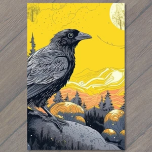Ilustración misteriosa cuervo cuervo - postal amarilla espeluznante - Imagen 1 de 1