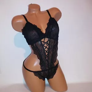 Victoria Secret Lingerie Teddy One Piece Bodysuit XL Black Lace Crotchless New - Picture 1 of 10