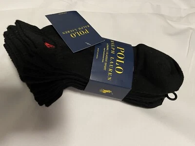 Polo Ralph Lauren 6 pares de calcetines deportivos clásicos negros suela acolchada zapato talla 6-12 Foto 1 de 3