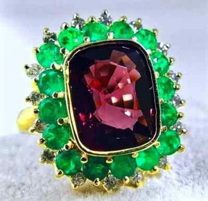 7.55 ct Lab Ruby & Syn Emerald Cocktail Ring 925 Fine Silver Women Luxury Jewel - Picture 1 of 10