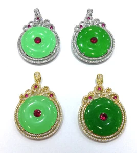 Echte grüne Jade Frieden Schnalle 18KGP Kristall Blume Anhänger Halskette Damen - Bild 1 von 15