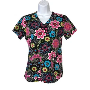 Peaches Uniforms Womens Scrub Top Size S Black with Pink Blue Flowers Pockets - Picture 1 of 11