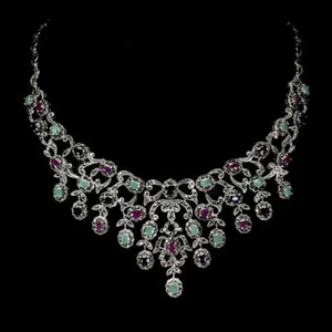 NATURAL RUBY EMERALD SAPPHIRE MARCASATE 14K WHITE GOLD OVER 925 SILVER NECKLACE - Picture 1 of 7