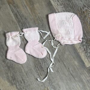 Vintage Baby's Infant Pink Knit Bonnet and Booties