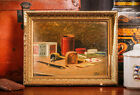 Awesome Framed Antique Still Life Oil Painting Pipe, Poker Chips, Dice, Cards
