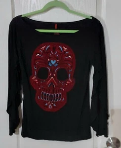 AY GUEY Black Shirt Long Slit Sleeve  Red & Teal Velvet Sugar Skull Design Small - Picture 1 of 16