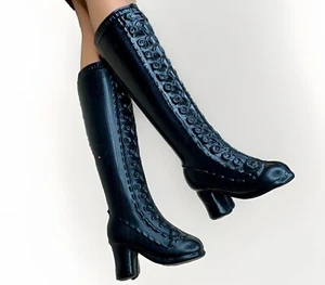 Vintage BARBIE DOLL FASHION SHOES LACE UP BLACK LONG TALL BOOTS W/ Heels - Picture 1 of 6