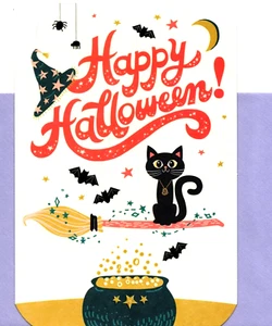 Happy Halloween Black Cat Broom Broomstick Cauldron Hallmark Greeting Card - Picture 1 of 3