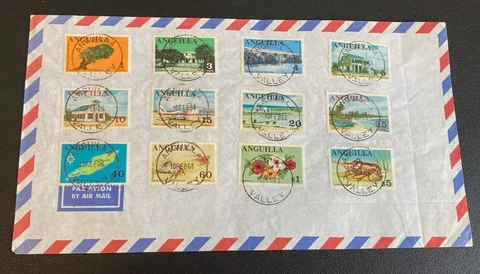 ANGUILLA AIRMAIL COVER WITH 12 STAMPS. SIZE APPROX. 25 CM X 13.5 CM Cover