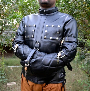 Men Leather Straitjacket Straight jacket with Locking Buckles Belts - Picture 1 of 4