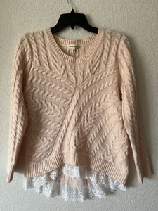 Monteau women's sz M pullover sweater Pink Scoop Neck high-low Lace Trim Sweater - Picture 1 of 7
