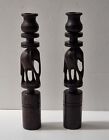 Vintage Pair Of Ebonized Carved African Elephant Candle Sticks Tall 10"