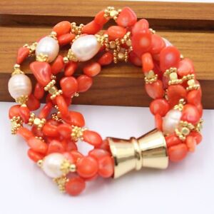 5 Rows Natural Pink Rice Pearl Orange Coral Freedom Bracelet Handmade For Women