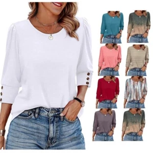 3/4 Puff Sleeve with Buttons T-Shirt for Women Crew Neck Curved Hem Top Blouse - Picture 1 of 48