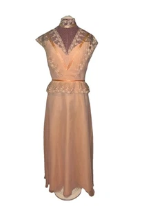 Vintage Lace Overlay Collared Peach Dress Medium Long 1950's - Picture 1 of 9