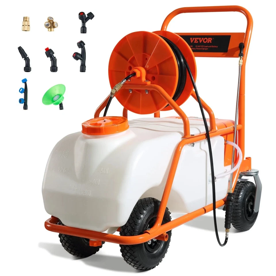 VEVOR Battery Powered Lawn Sprayer Cart Sprayer 15 Gal Tank w/ Wheels 0-90 Psi