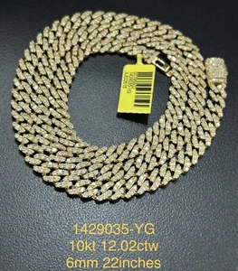 10K Solid Gold 12 Carat Miami Cuban Link Natural Diamond Chain Necklace 22 “ - Picture 1 of 1