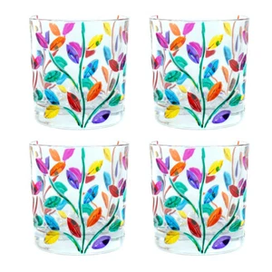Set of Four 4 Murano Glass Tumbler Multi Pink Purple Hand Painted Flower 11.5oz - Picture 1 of 5