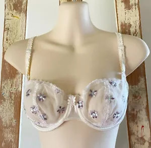New No Regrets Size 10C 32C Ivory and Lavender Mesh Satin Balconette Bra - Picture 1 of 3