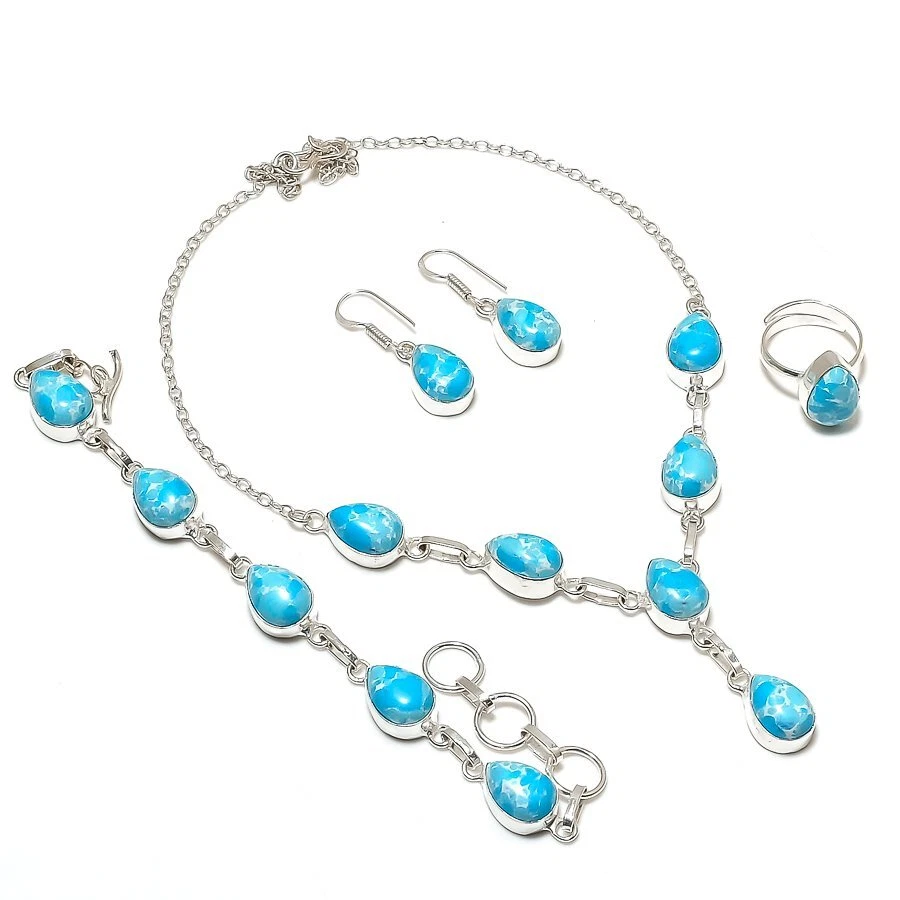 Juego de joyas de piedras preciosas con forma de pera Larimar cadena ajustable hecho a mano conjunto de collar Foto 1 de 4