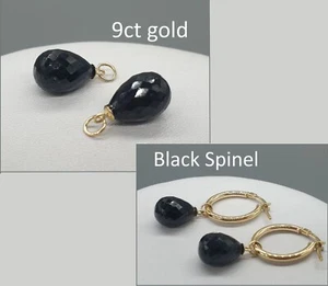 9ct Gold Black Spinel Drop Hooplets Natural Stone Pendant Hoop Earrings Charms - Picture 1 of 9