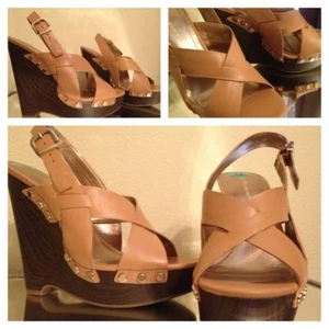 BCBG Generation Karen Shoes Size 8.5 Honey Brown Leather Slingback Wedge Heels - Picture 1 of 3