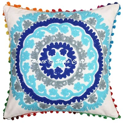 Traditional Cotton Sofa Cushion Covers White 17x17 Suzani Floral Pillow Covers - Image 1 of 4
