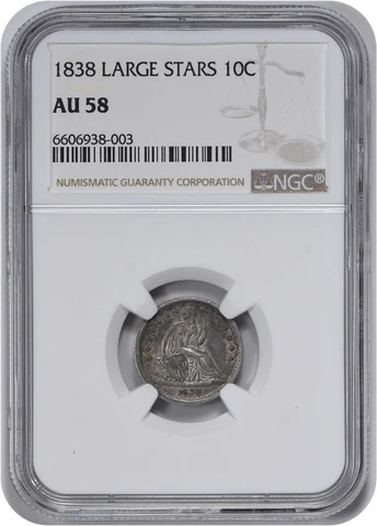 1838 Liberty Seated Silver Dime Large Stars AU58 NGC Cover