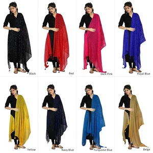 Scarf Chunni Dupatta Semi Chiffon Golden Work Tassel Stole Hijab Shawl For Women - Picture 1 of 32
