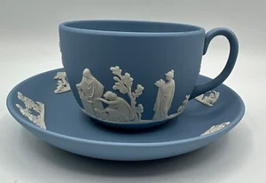 Vintage Wedgwood Jasperware Tea Cup & Saucer Pale Blue & White Neoclassical - Picture 1 of 13