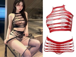 Sexy Conjunto de Sujetador Bodycon Mini Vestido Correa Red Hueco Transparente Lencería Fiesta Club - Imagen 1 de 10