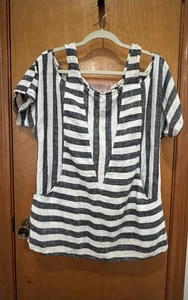 Soft Surroundings Shirt Woman’s Large Linen Rayon Blend Striped Cold Shoulder - Picture 1 of 12