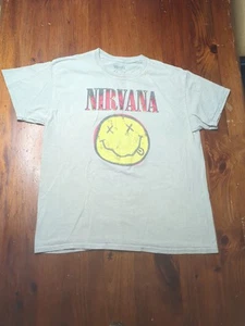 Nirvana Smiley Gesicht lizenziertes T-Shirt Erwachsene Large beige Stone Wash Kurt Cobain - Bild 1 von 4