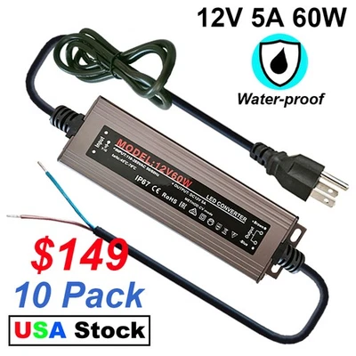 10 Pack IP67 Waterproof High Quality 12V 5A Adapter Power Supply to Led Strip  - Image 1 of 4