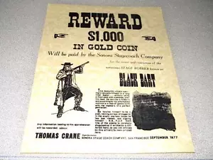 BLACK BART WANTED POSTER REPRODUCTION ON 24 POUND PARCHMENT PAPER 8 1/2 x 11 - Picture 1 of 1