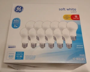 *Box of 12 Bulbs TOTAL* Bulk Pack GE Soft White LED A19 Light Bulbs Dimmable 60W - Picture 1 of 5