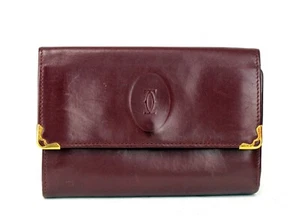 CARTIER Burdeos Cuero Triple Plegable Largo Cartera Estuche para Tarjetas Usado De Colección Francia - Imagen 1 de 22