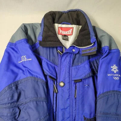Marker Winter Mens Large Jacket 2002 Salt Lake Olympics Navy Blue Hooded Pockets - Image 1 of 4