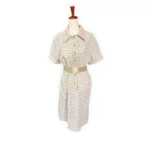 Abito camicia vintage anni 70 doppia maglia panna righe orlo argyle lunghezza media M/L - Foto 1 di 5