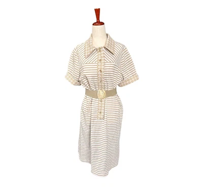 Vintage 1970s Double Knit Cream Striped Argyle Trim Shirt Dress Midi Length M/L - Image 1 of 4