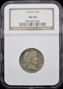1916-D 25C BARBER SILVER QUARTER - NGC AU 50 - Picture 1 of 2