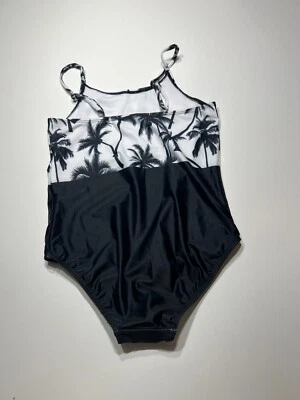 NUEVO Traje de baño de una pieza negro blanco estampado de palmeras correa de espagueti juvenil talla XXL Foto 1 de 4